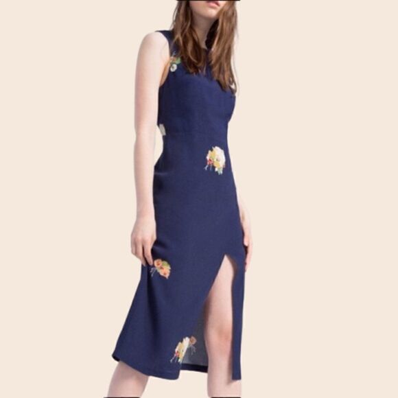 Zara Trafaluc Collection Navy Floral Thigh Split Shift Dress in Navy Size Small - Picture 2 of 16